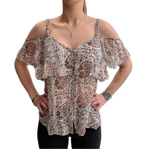 EUC PAIGE Peasant Cold Shoulder Blouse in Aztec Paisley Print (G-1)